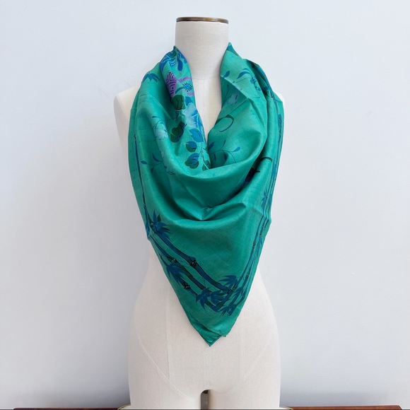 Green Blue Thai Silk Scarf 35” Floral Bird Bamboo - Picture 9 of 12